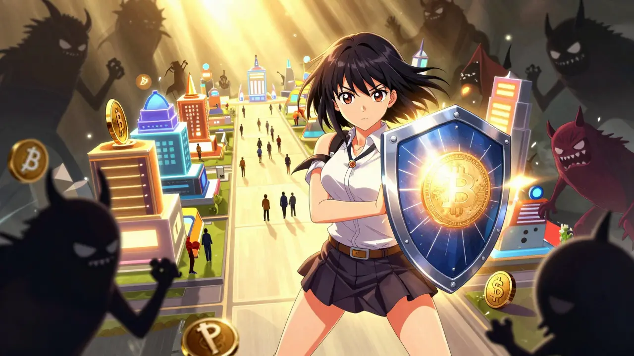 Shoujo heroine protecting herself from crypto scams with a shield