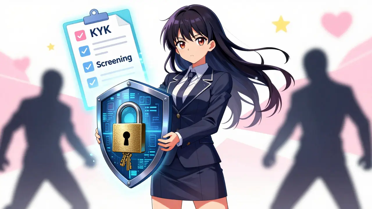 Shoujo style character defending company with digital security shield