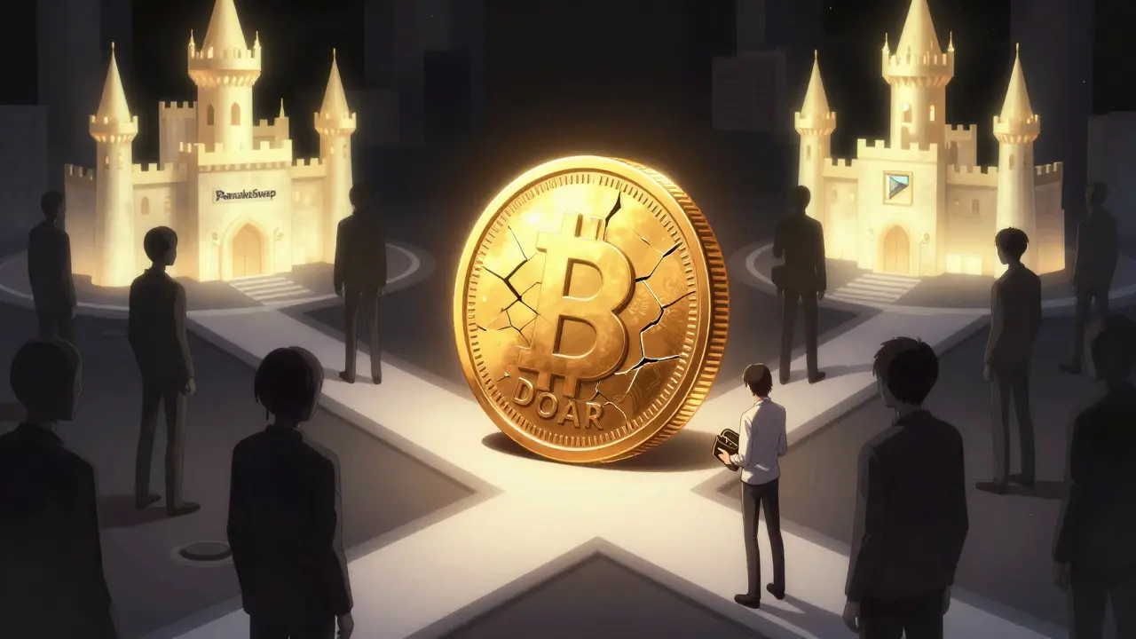 Shoujo style illustration of a cracked crypto token revealing hidden risks and traps