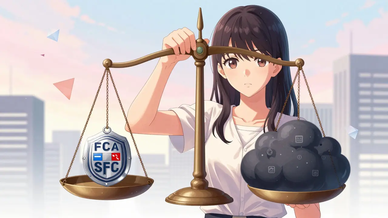 Shoujo style woman holding scales balancing regulatory badges against risk clouds.