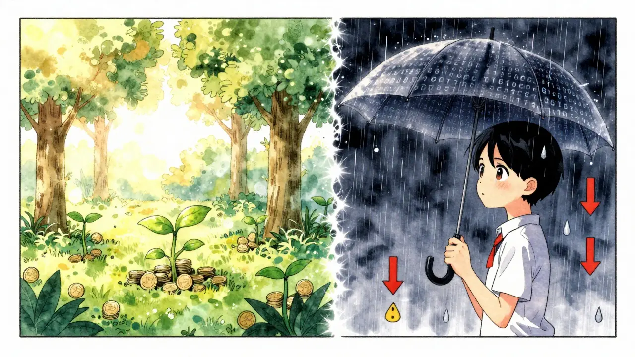 Split image showing a utopian garden versus a stormy risk-filled trading world