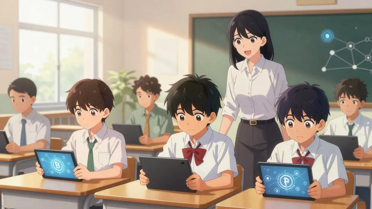 Students learning about cryptocurrency in a sunlit classroom, hopeful shoujo manga art