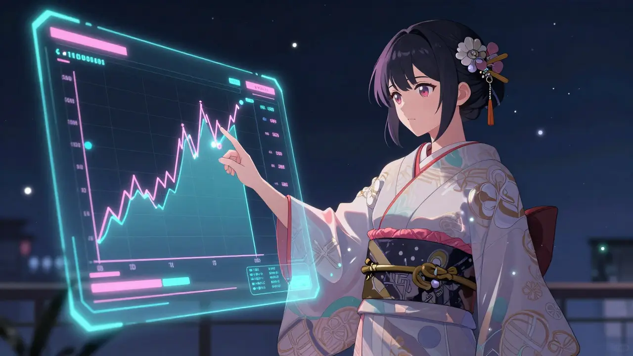 Stylish anime woman adjusting a holographic price range chart in space