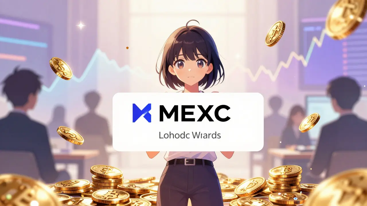 Stylish character surrounded by golden crypto tokens and soft sparkles in a shoujo manga scene.