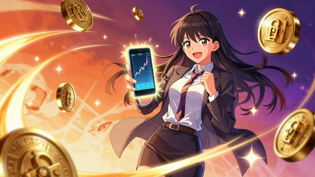 Stylized investor holding a phone with glowing charts, surrounded by elegant financial symbols.