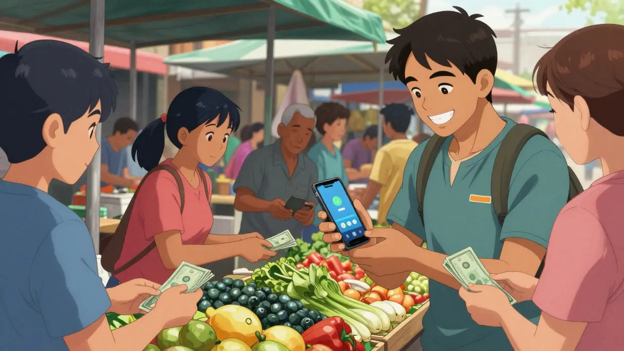 Vendors and customers exchanging goods via smartphones at a vibrant street market, anime style