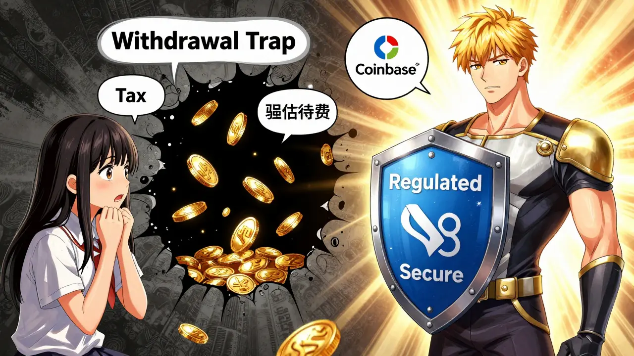 Victim losing money to withdrawal scam vs secure exchange hero in manga