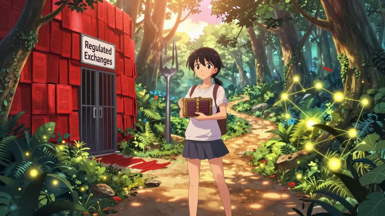 Woman choosing decentralized path in shoujo style