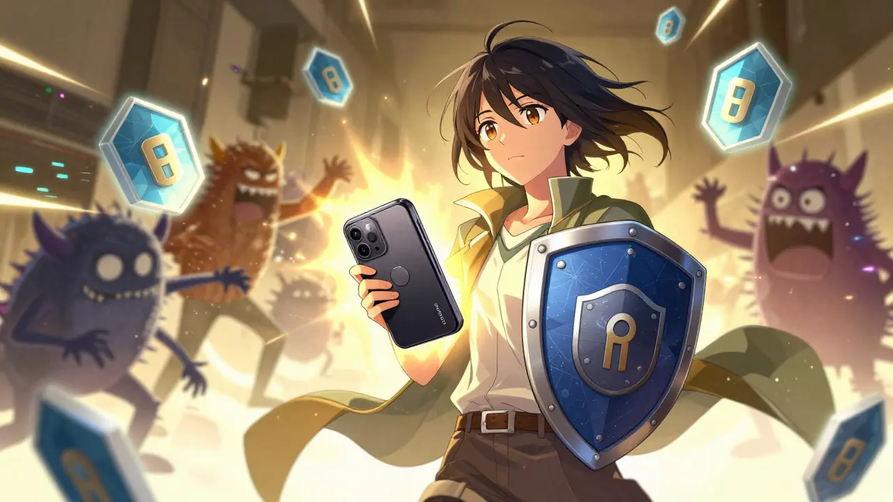 Anime character holding a hardware wallet securely, protected from digital threats.