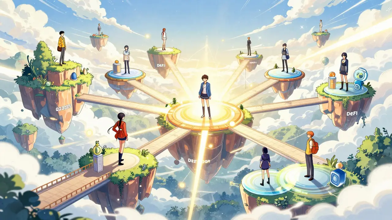Anime characters standing on bridges connecting blockchain islands in a bright sky.