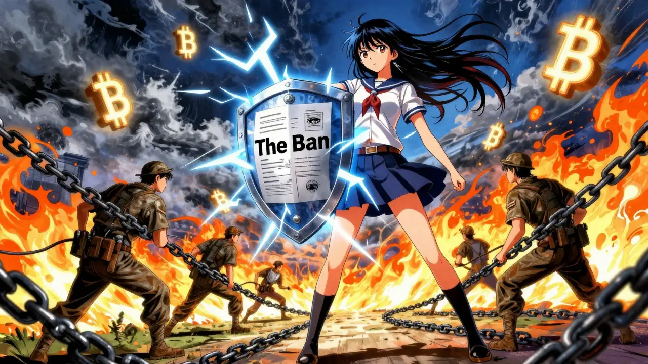Anime figure representing ban blocking miners with energy chains