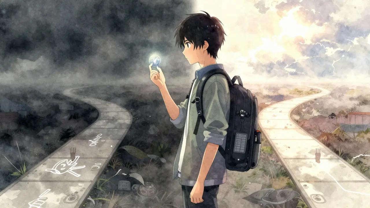 Anime girl holding a token at a crossroads in a digital landscape