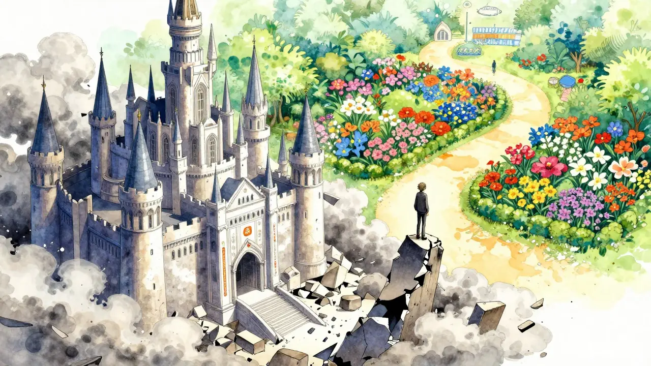 Anime style illustration of a crumbling crypto project castle versus a safe, vibrant garden.