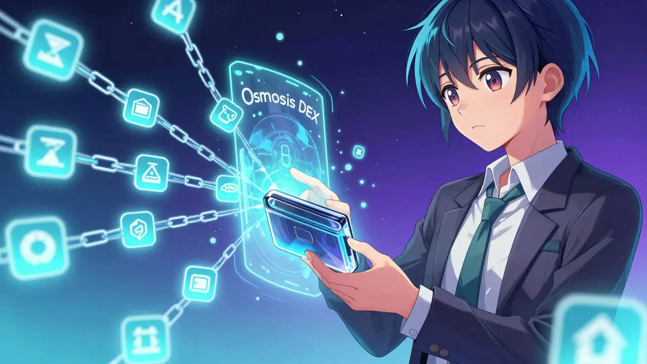 Character connecting wallet to Osmosis DEX portal in anime style