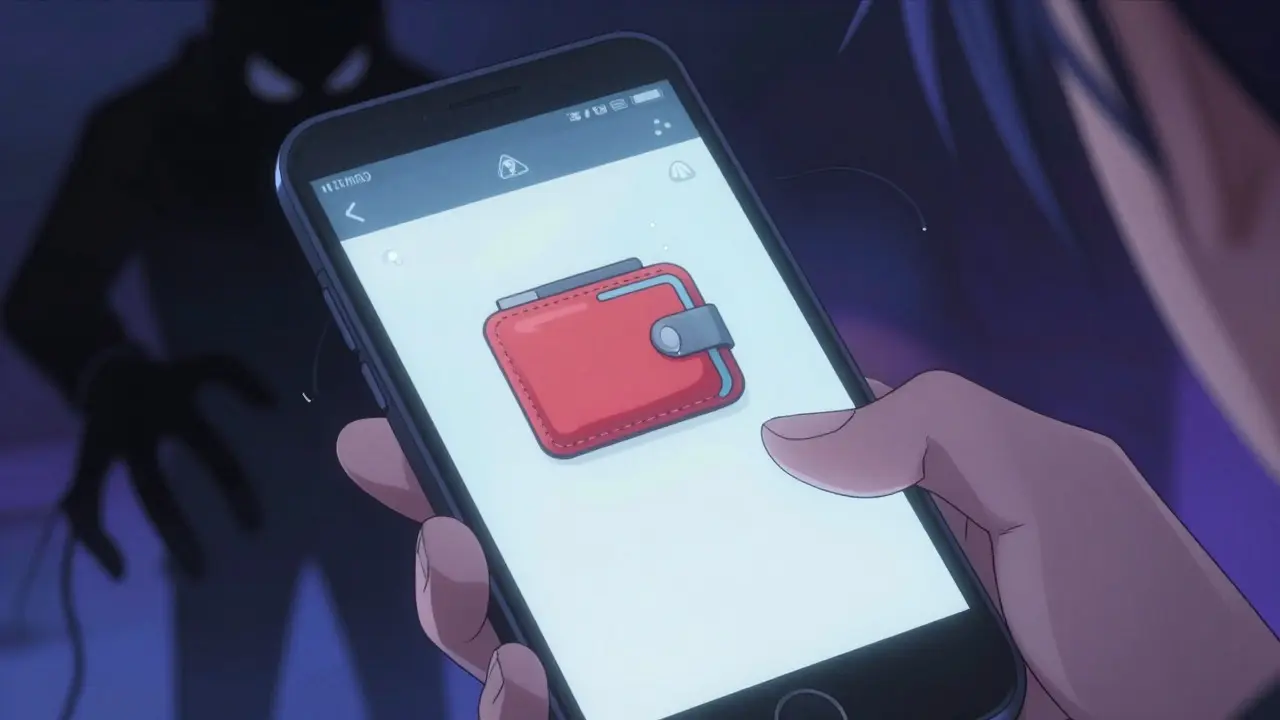 Close-up of a phone showing a scam wallet interface with a looming dark figure.