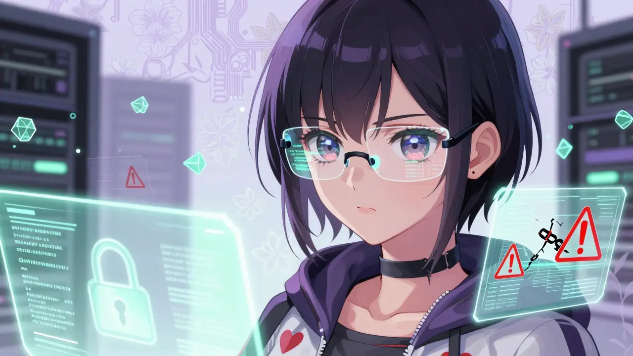 Close-up of anime hacker analyzing crypto security flaws with holographic data screens around her