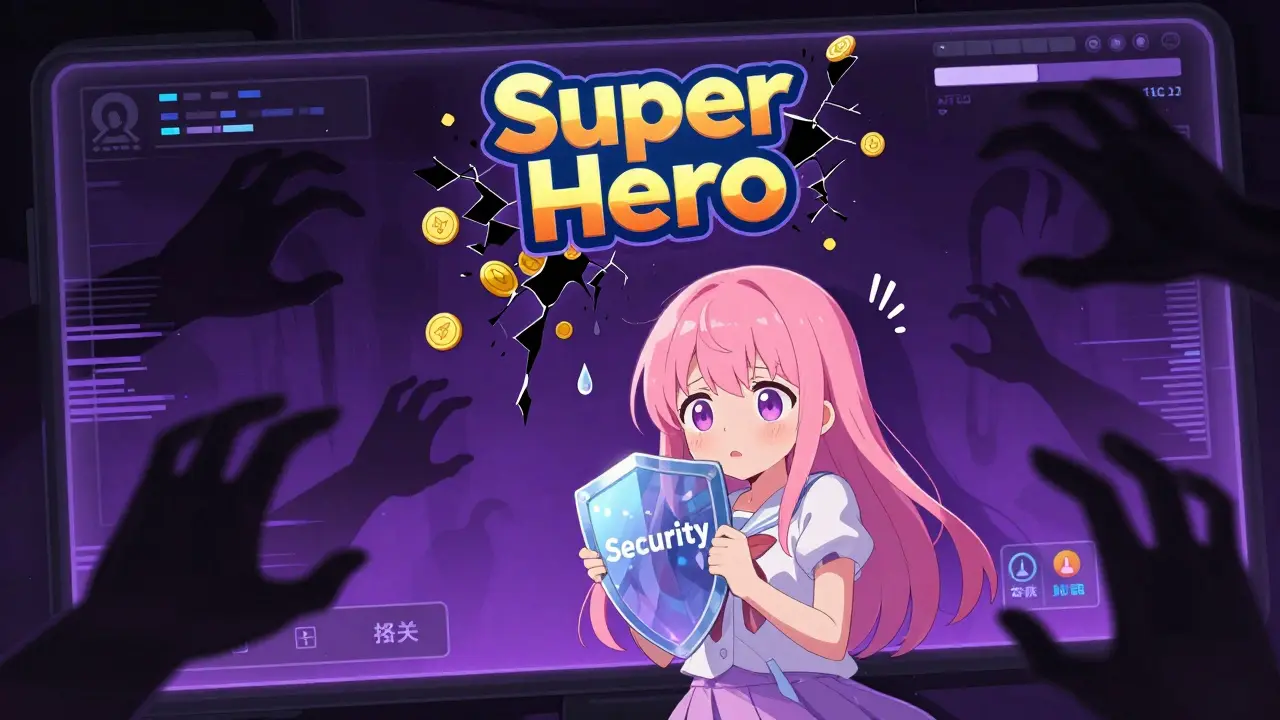 Cute anime character facing scary phishing scam from broken game