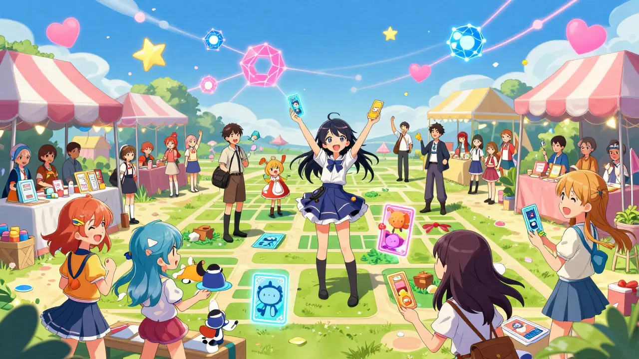 Cute anime characters trading holographic game items in a dreamy marketplace.