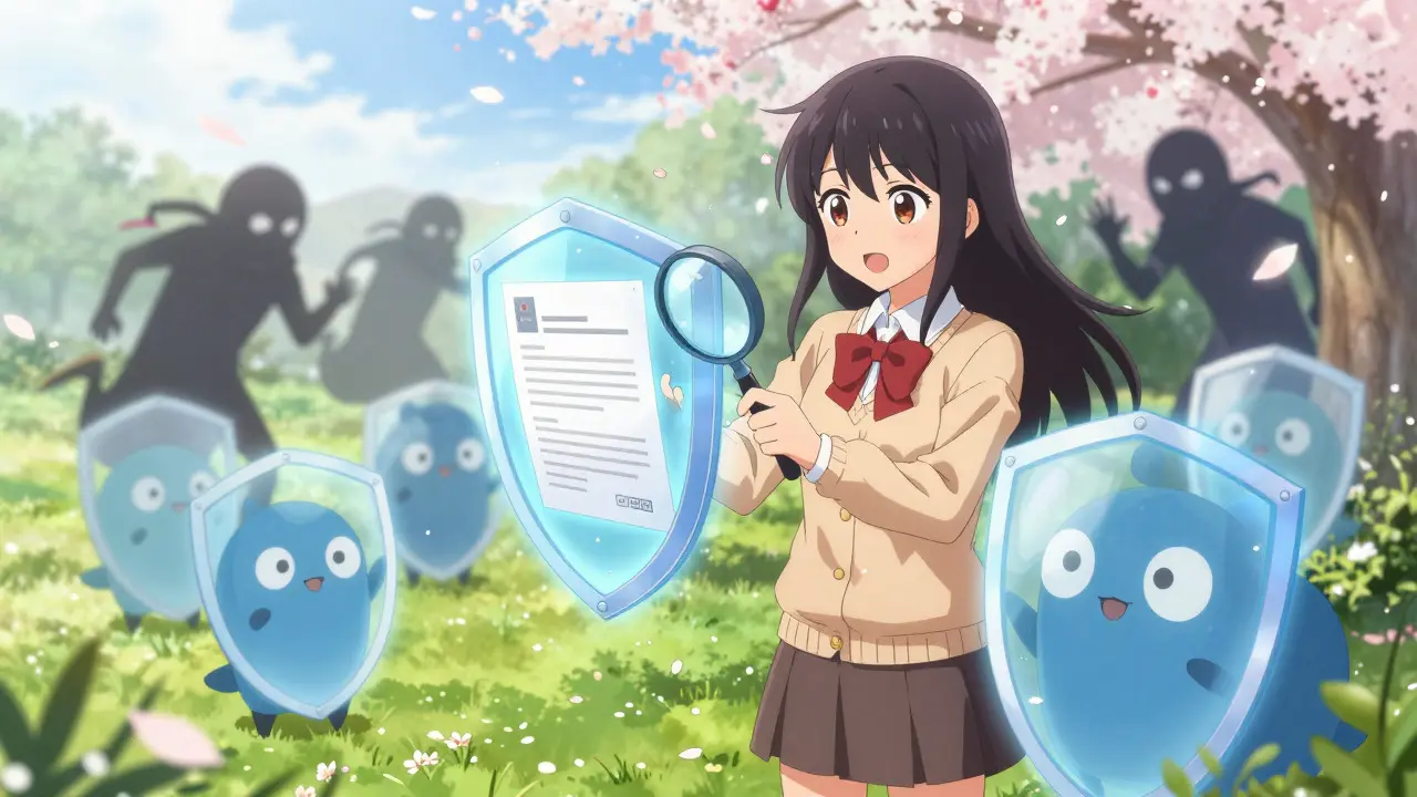 Empowered anime character using security tools to protect against crypto scams.