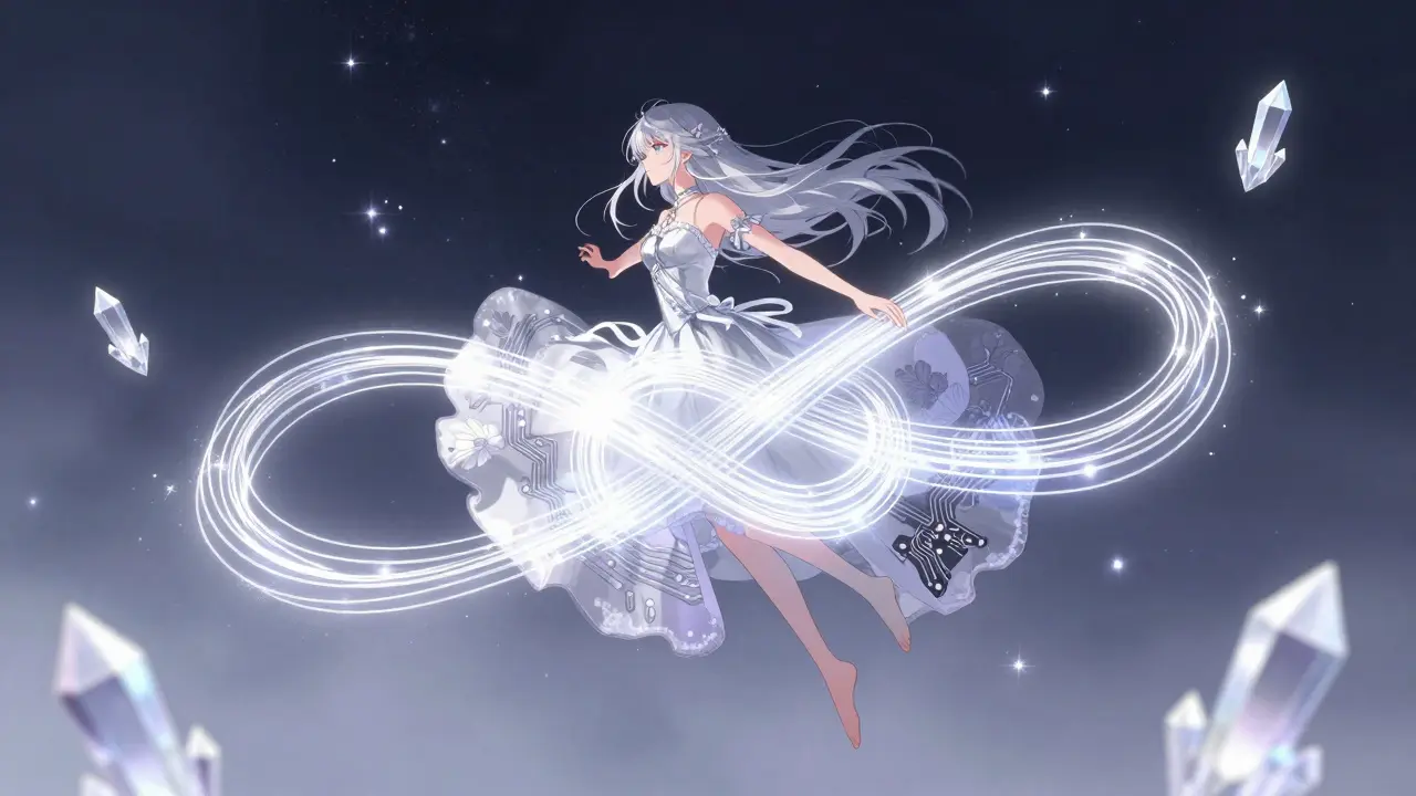 Ethereal anime character weaving glowing threads in a starry sky