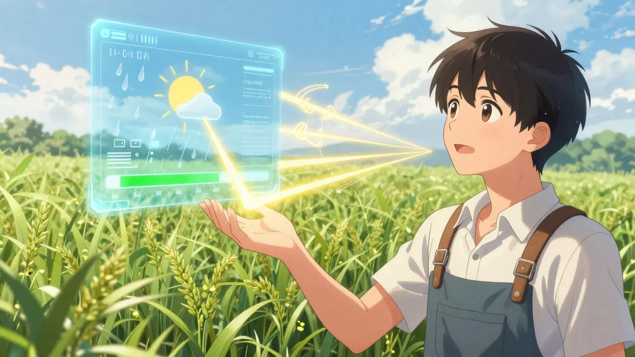 Farmer receiving instant aid via smart contract weather trigger
