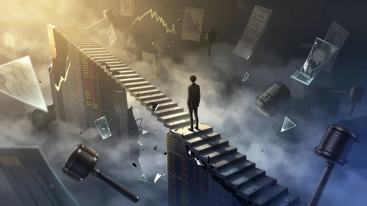 Figure on crumbling chart stairs, dramatic manga scene