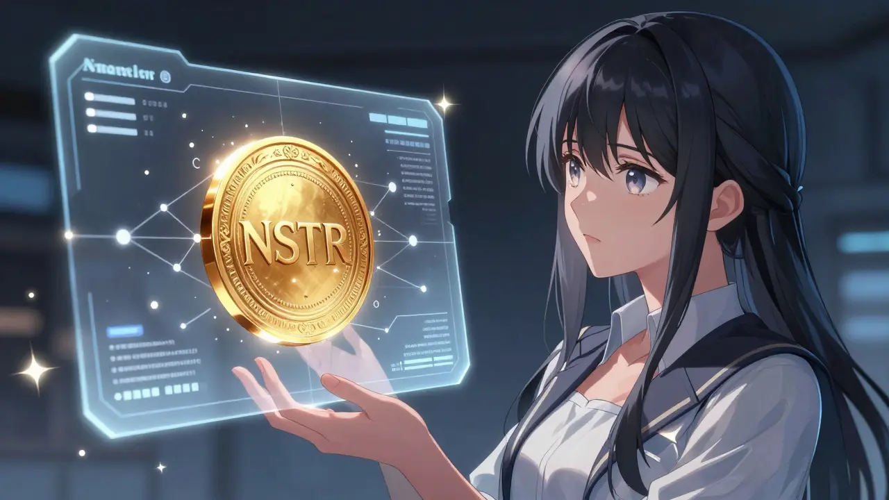Manga character analyzing NSTR token data on a holographic screen