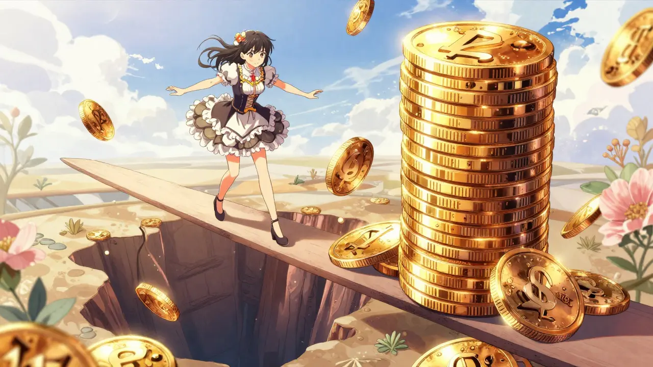 Manga character balancing on beam with coins, showing risk