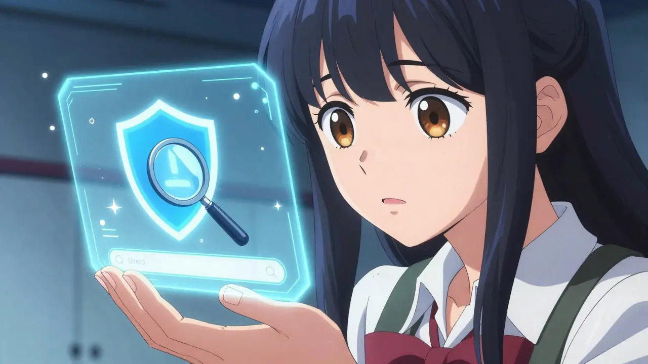 Manga character checking holographic security shield on interface