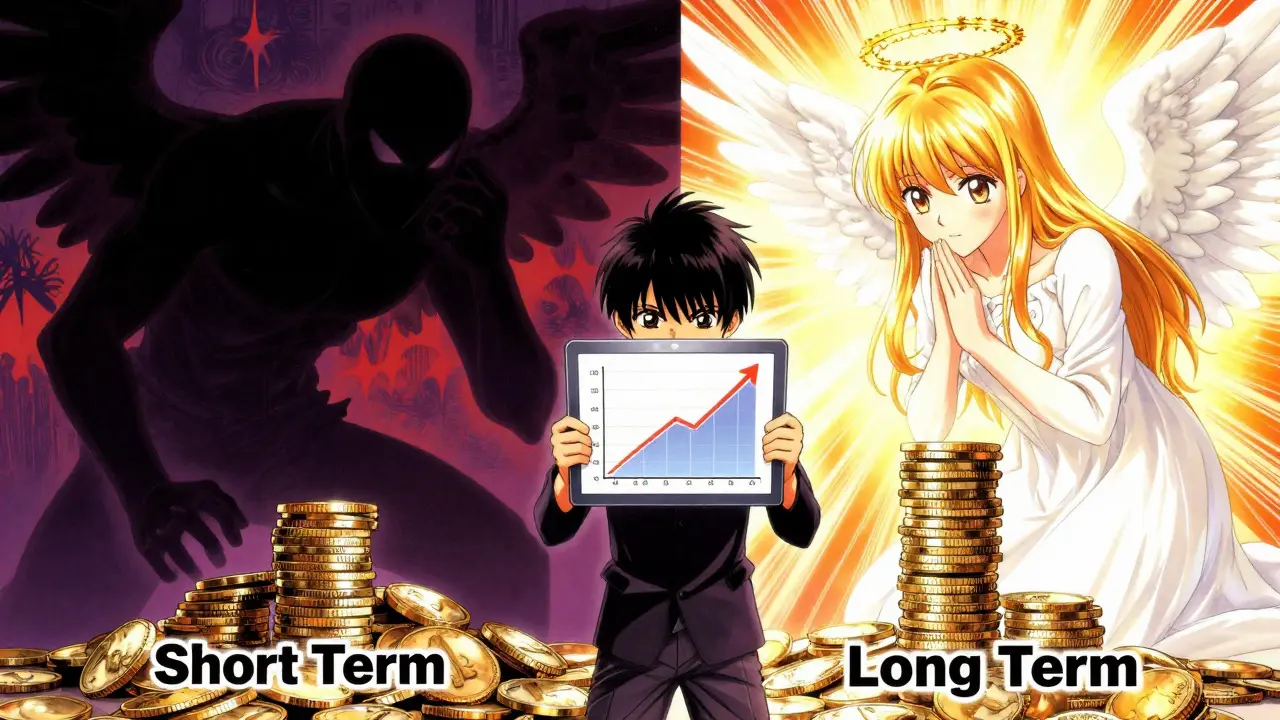 Manga character choosing between tax-free long-term and taxable short-term crypto.