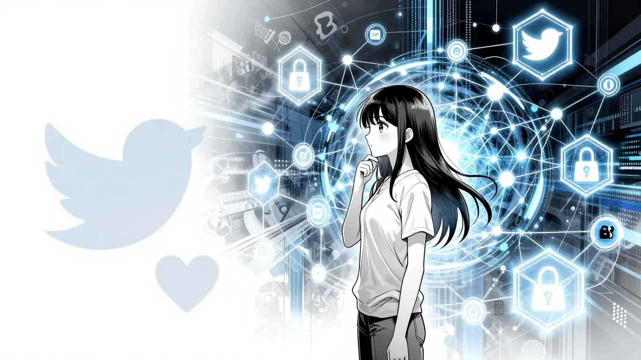 Manga character comparing simple social media icons to complex blockchain networks.