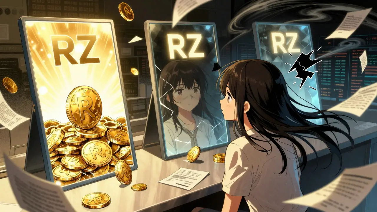 Manga character looking at mirrors showing different crypto prices in chaotic setting