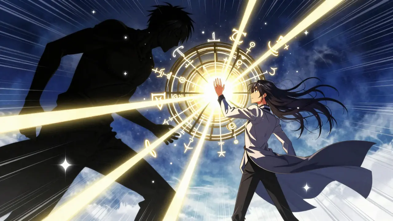 Manga heroine casting magic spells to trap a shadowy villain