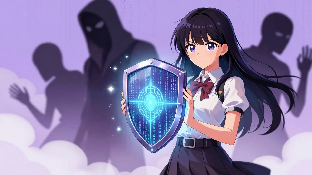 Manga heroine protecting her crypto wallet with a magical light shield.
