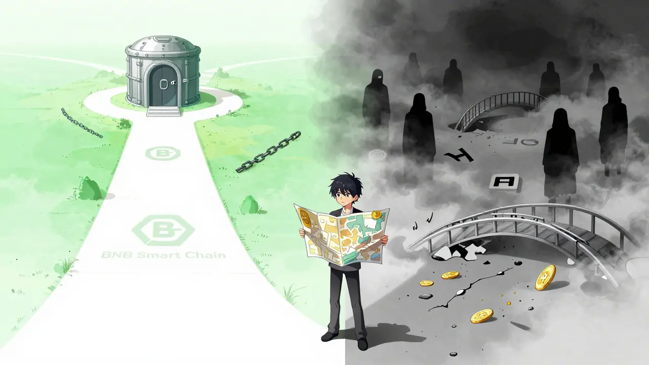 Manga illustration showing the confusing choice between safe and scam blockchain paths.