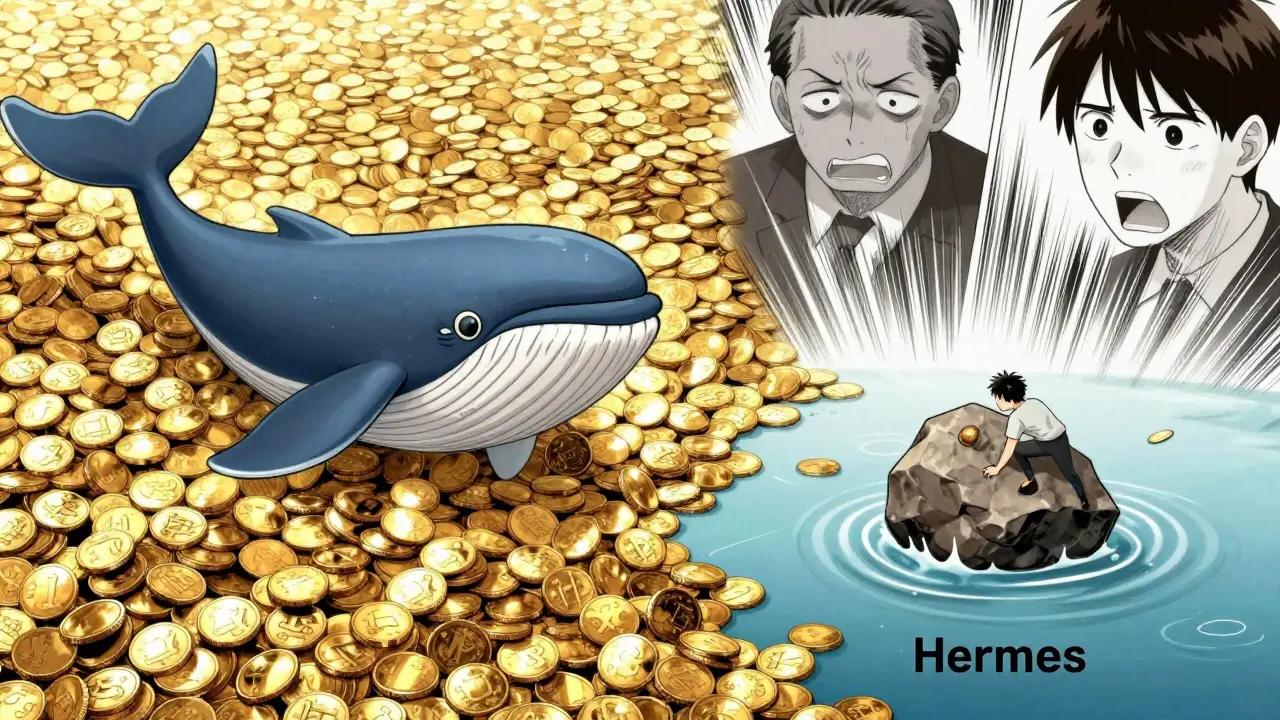Manga scene contrasting deep liquidity ocean with shallow Hermes puddle