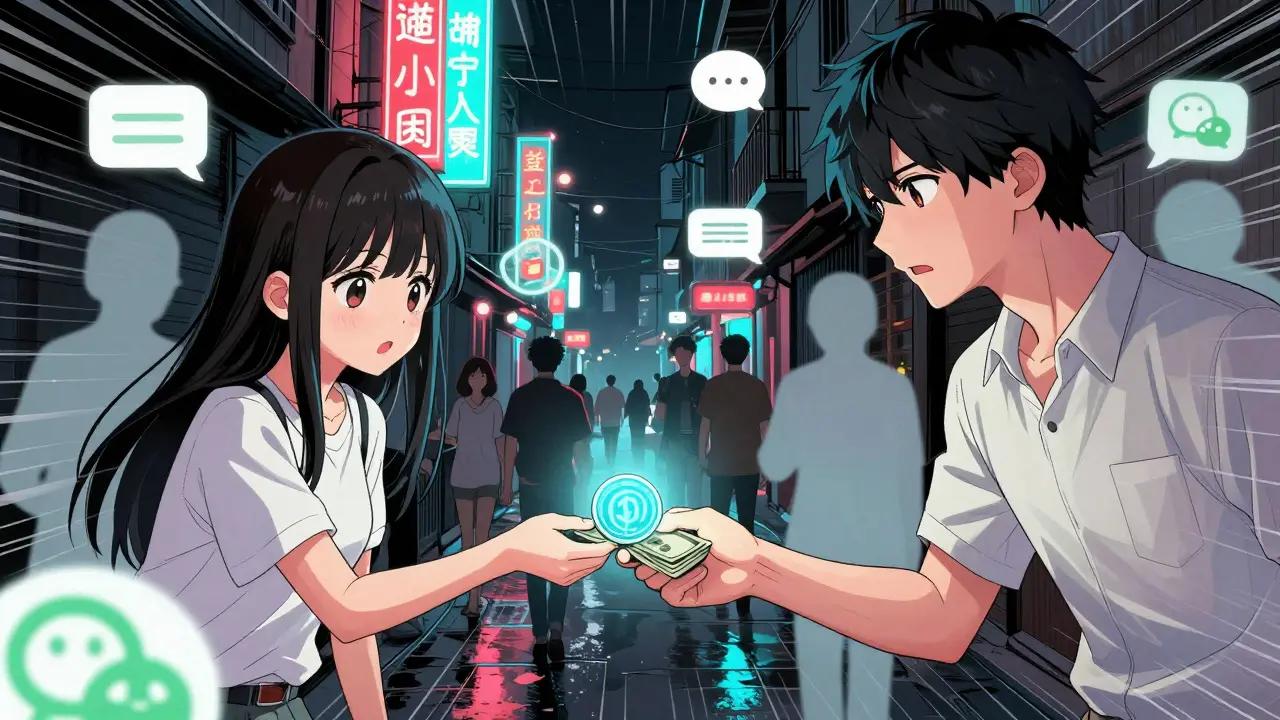 Manga scene of secret P2P crypto trade in neon alley