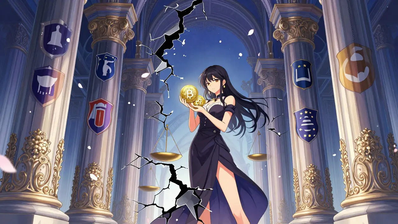 Manga style art of crypto blocked by tall regulatory pillars and barriers