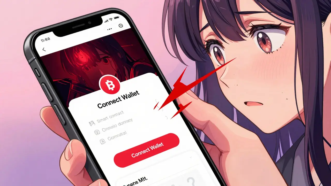 Manga style close-up of a phone showing a scam wallet connection site with red warning signs.