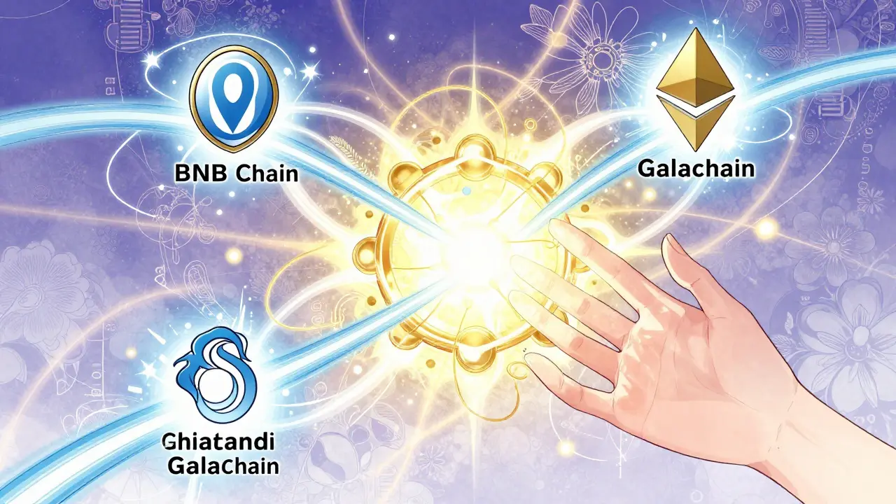 Manga style illustration of three intertwining blockchain streams