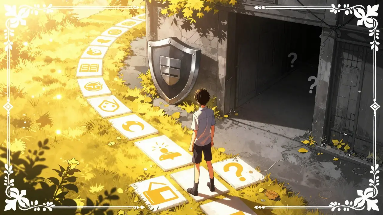 Protagonist choosing a sunny, safe path over a dark, foggy alley in anime style.