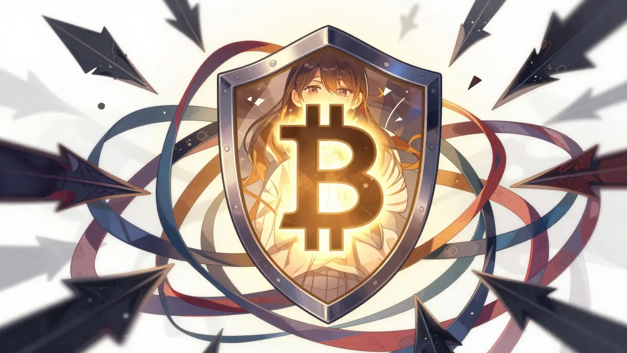 Protective shield surrounding Bitcoin symbol against risks