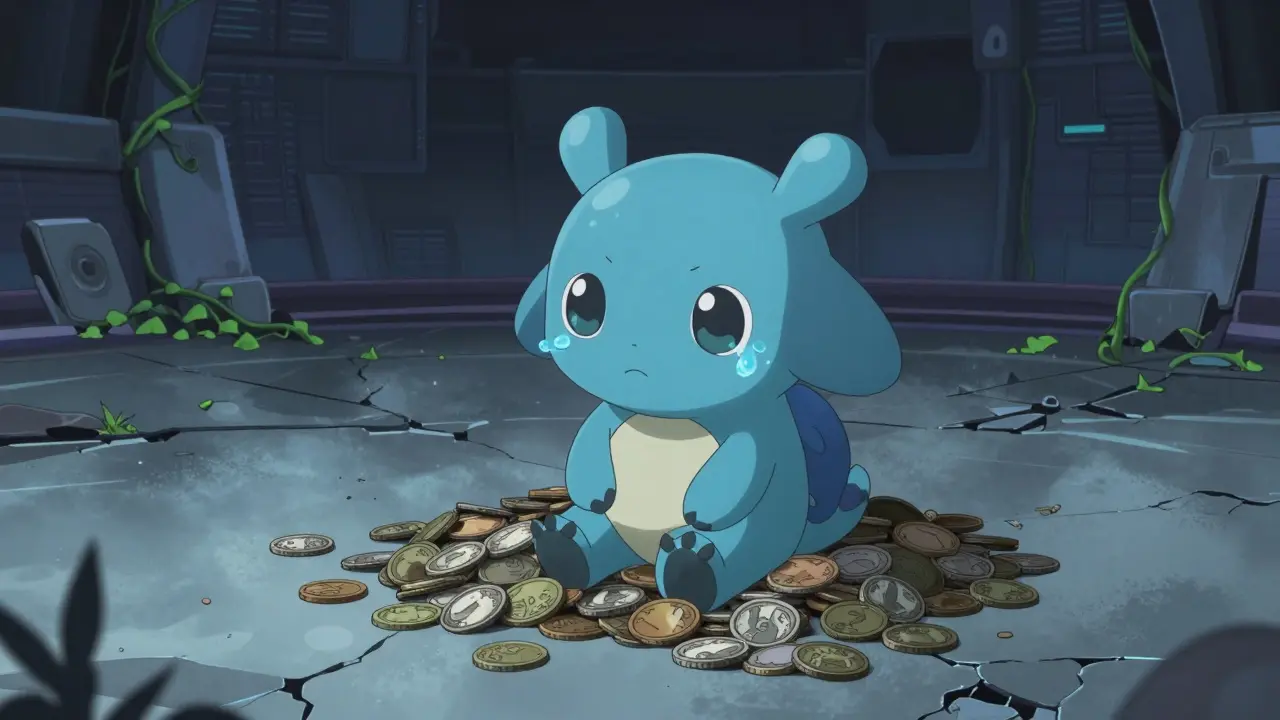 Sad anime monster sitting on dusty coins in empty digital arena