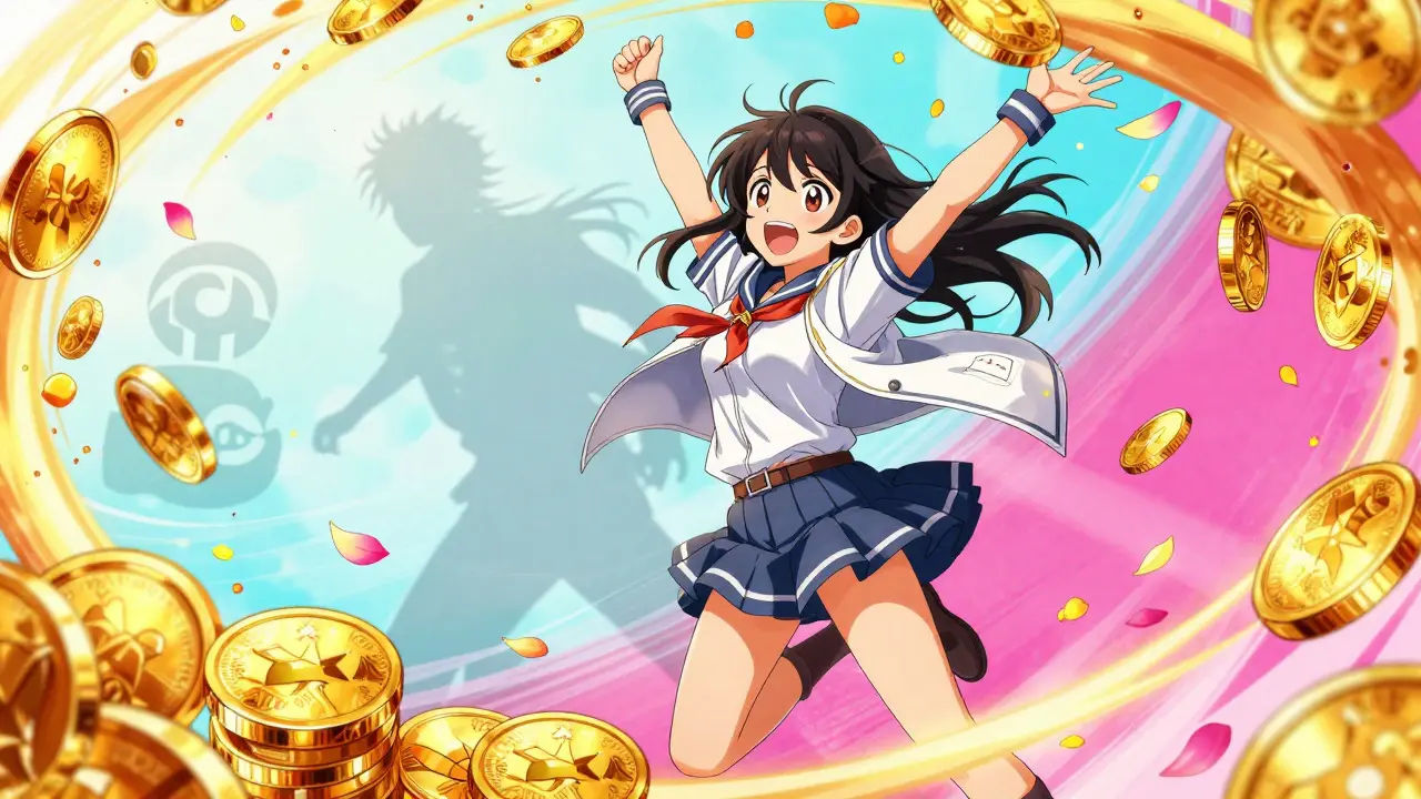 Shoujo anime girl celebrating with golden coins and petals