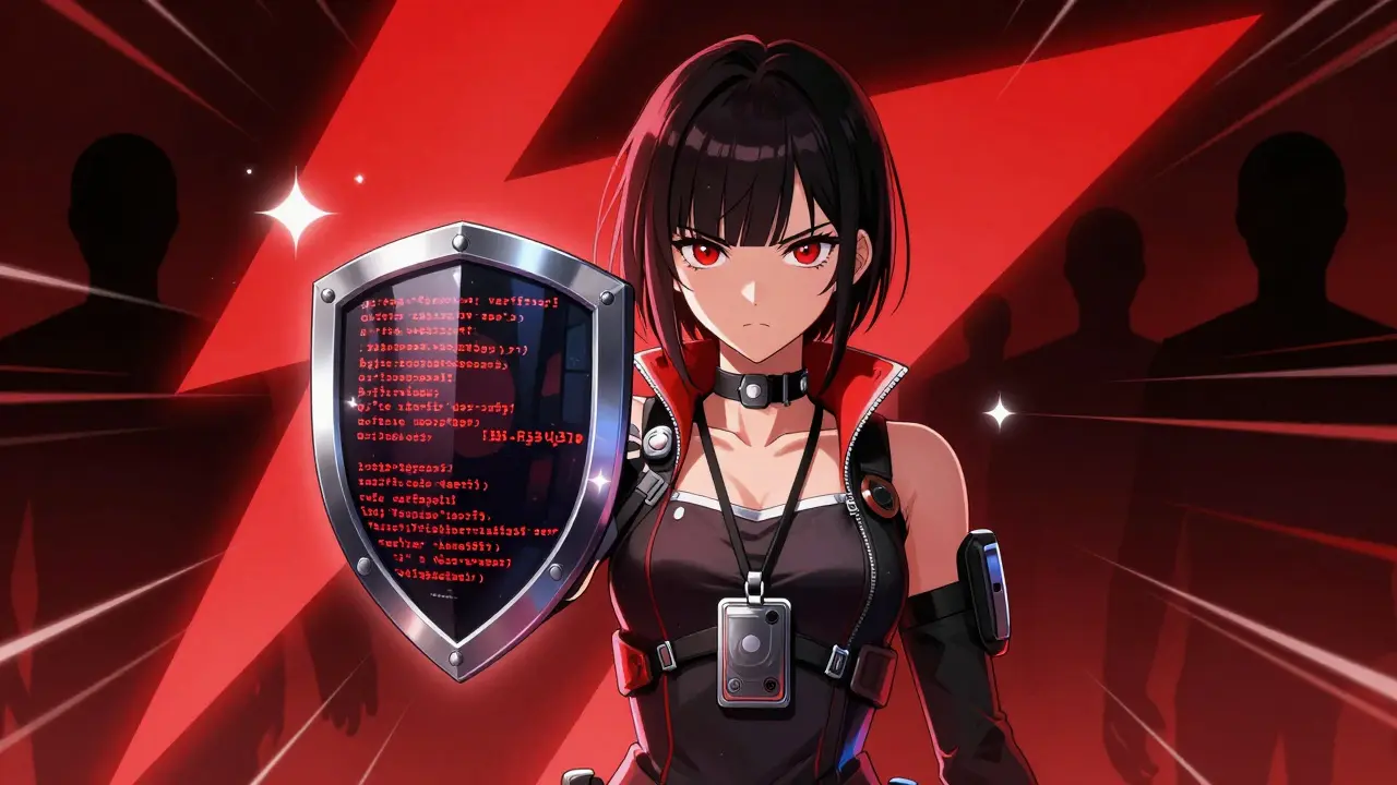 Shoujo heroine holding code shield against red warning signs and shadowy figures