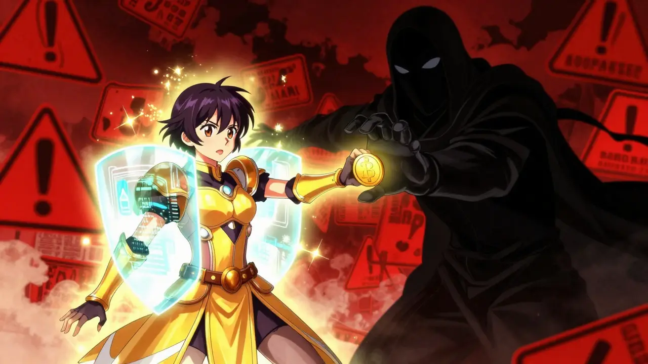Shoujo heroine rejecting a scammer's offer with magical protective shields.