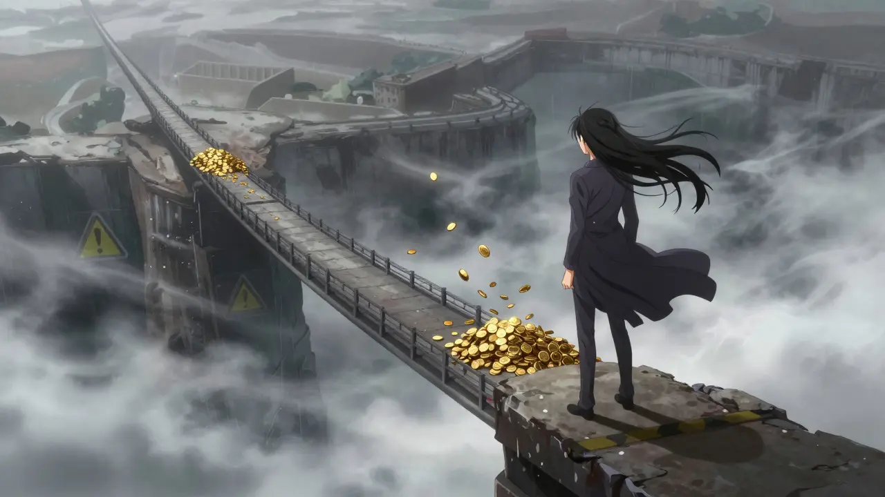 Shoujo manga character facing liquidity risks on a precarious bridge