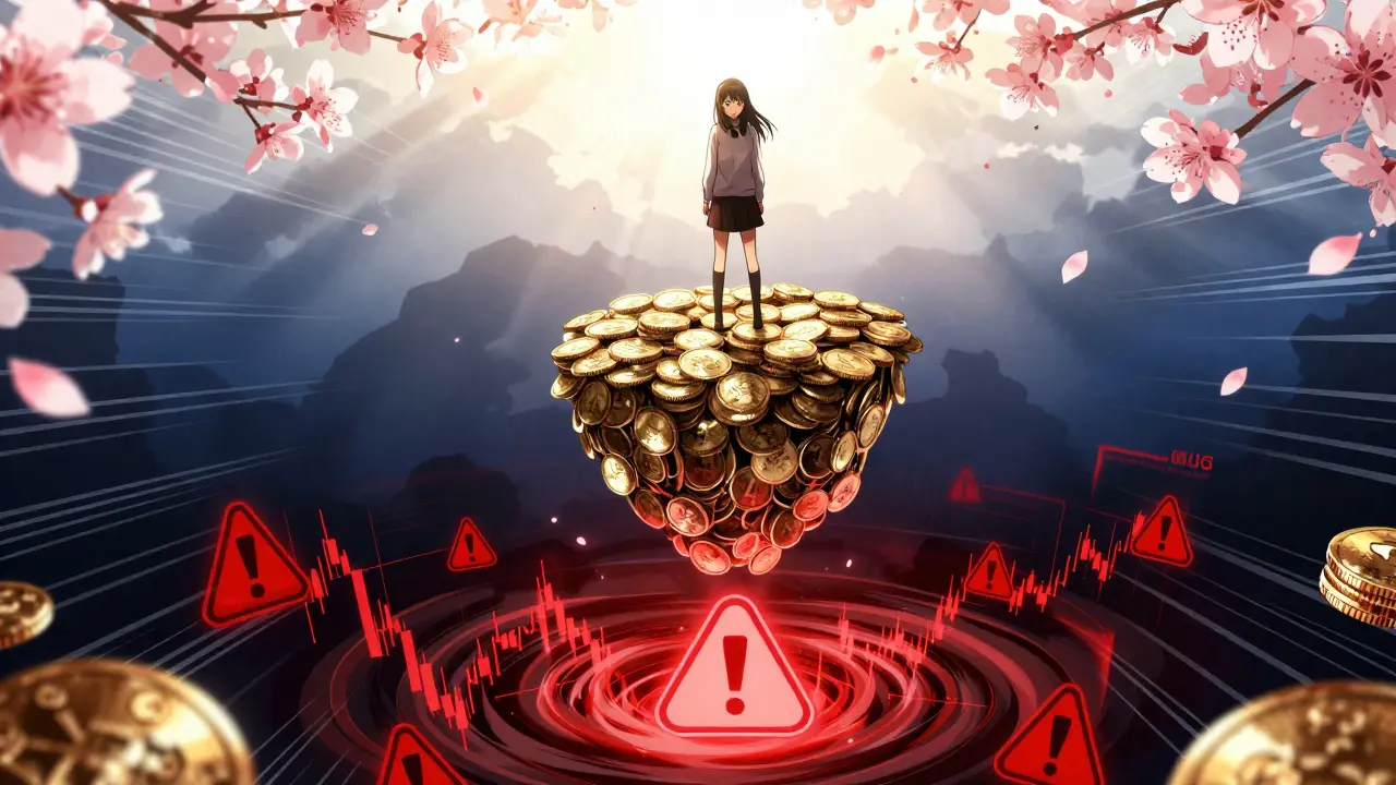 Shoujo manga girl balancing on coins above a risky market vortex
