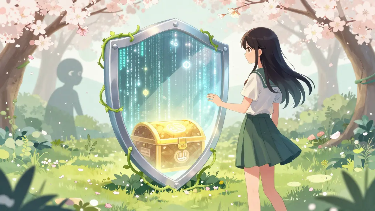 Shoujo style girl protecting crypto assets with a magical code shield