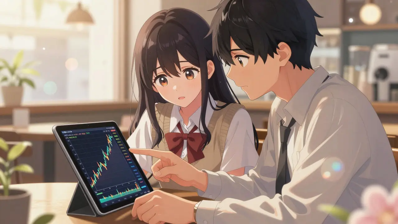 Two anime characters discussing charts in a sunny cafe